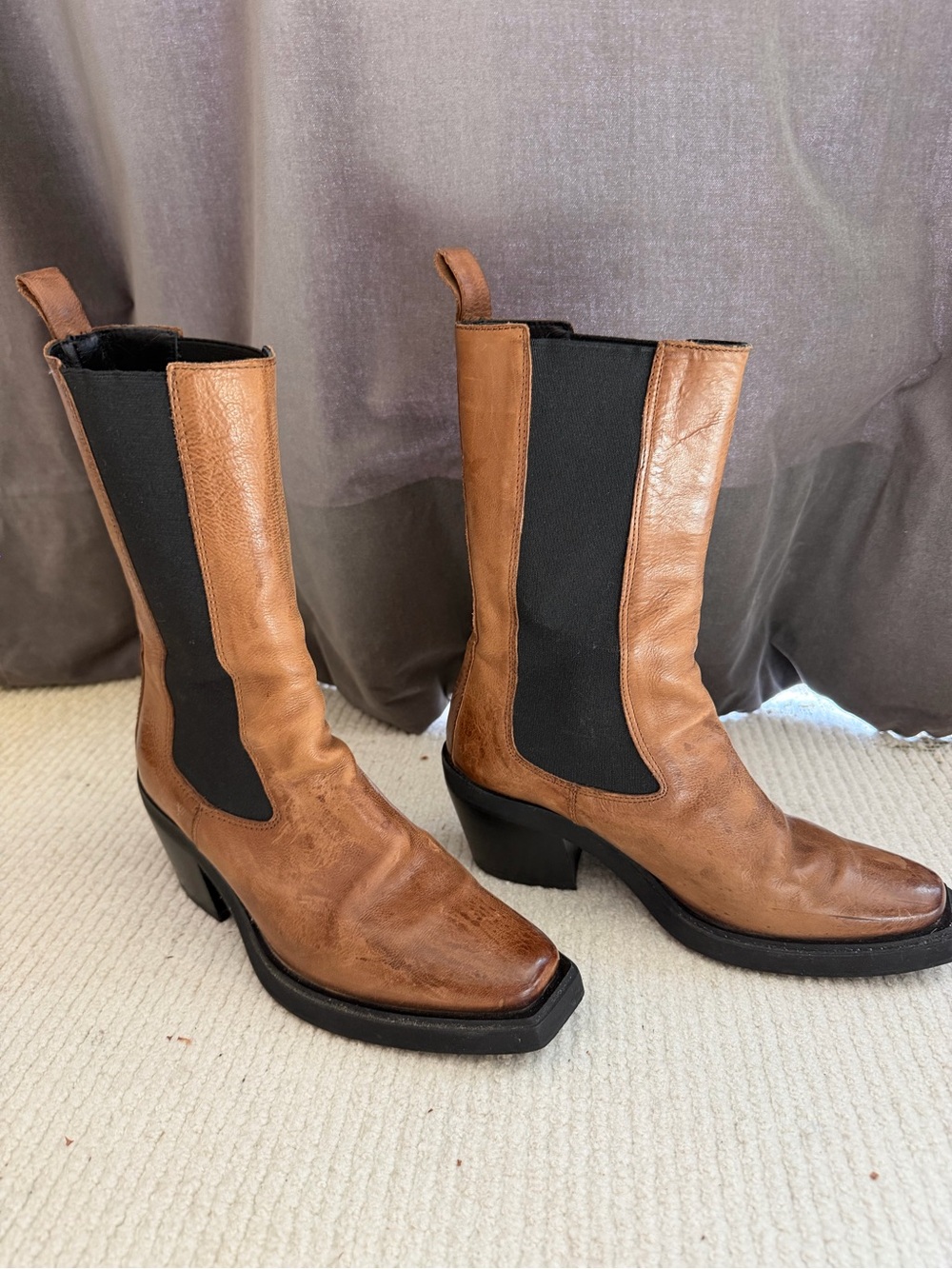 Free People Tan Leather Chelsea Western Boots with Black Panel